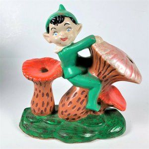 Vintage Garden Elf Pixie Sitting Riding Mushroom